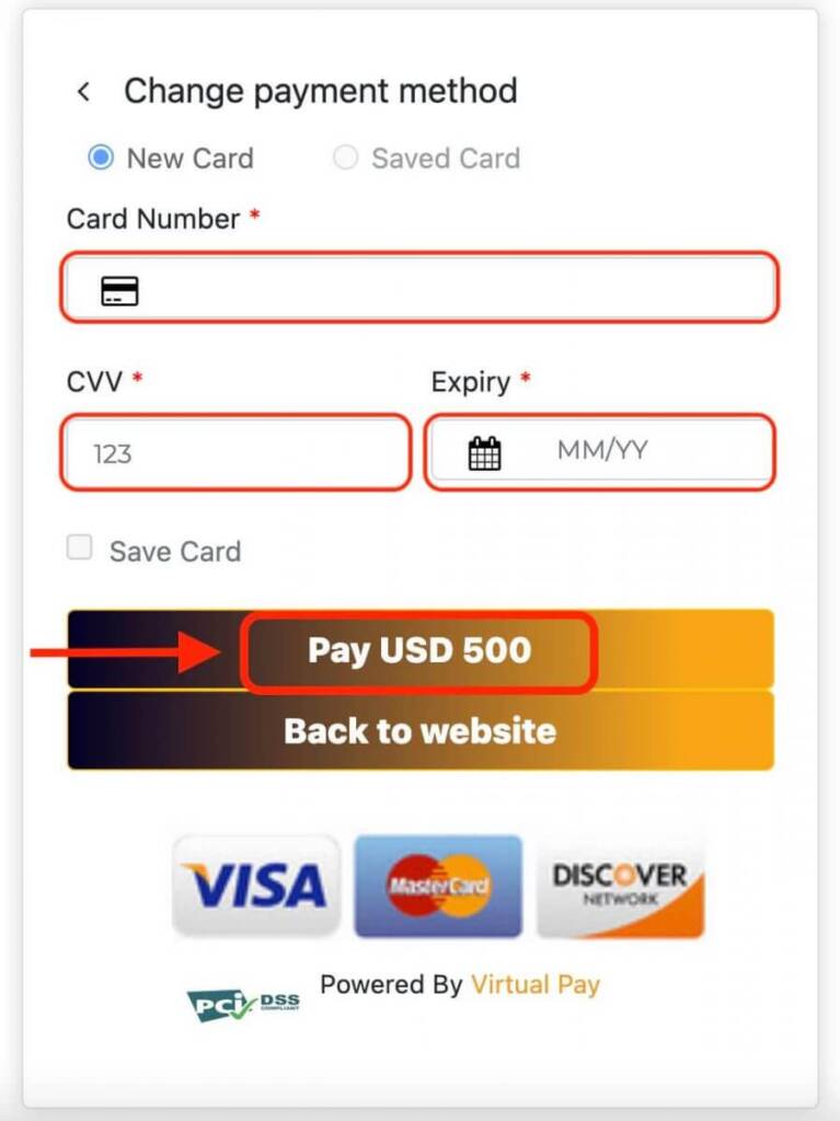 Screenshot showing how to deposit money on Pocket Option using credit card or crypto payment methods.